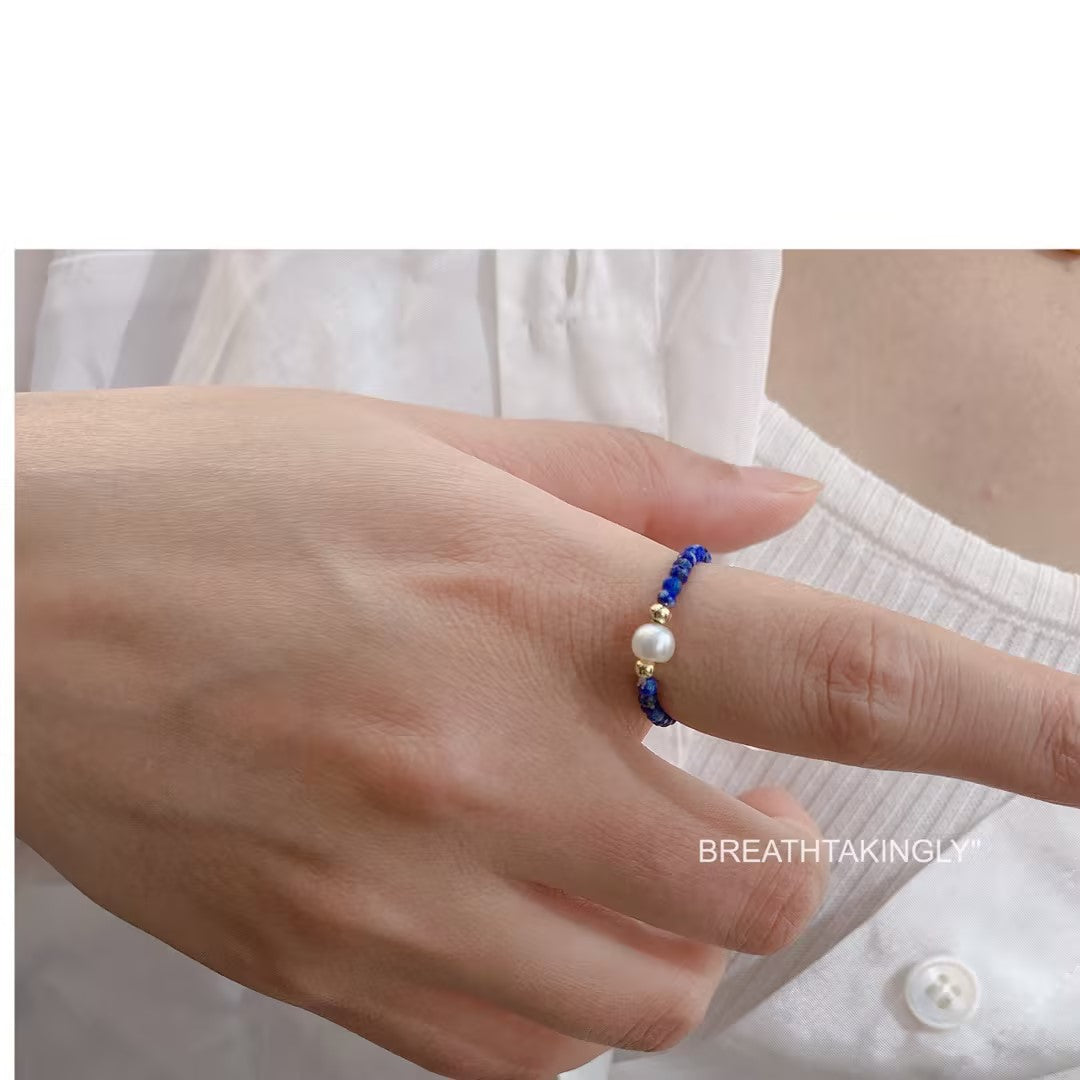 Bungee string lapis lazuli pearl ring